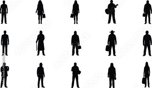 Black silhouettes of people in various poses and outfits on white background standing