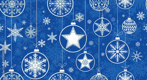 Seamless pattern shows white hand-drawn snowflakes and Christmas baubles with stars and stripes hanging on a deep blue background.