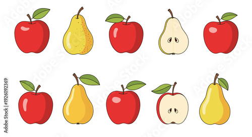Variety of red apples and yellow pears are shown as whole fruits and cut halves in a simple flat illustration style on white.