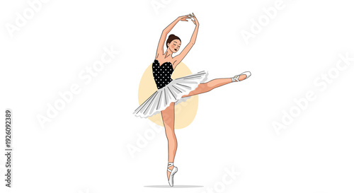 Graceful ballerina wearing a black polka dot bodice and white tutu performs a dance move against a soft circular yellow background.