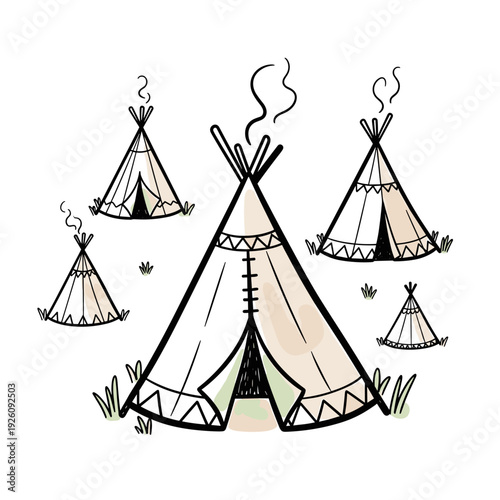 Group of Small Teepee Tents Vector Composition