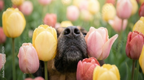 Dog peeking through pink and yellow tulips in a blooming garden, curious pet portrait, spring nature concept, playful animal scene, springtime festivity.