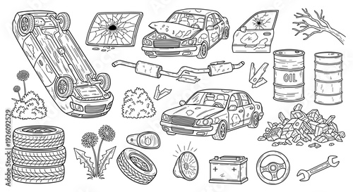 Collection of hand drawn sketch elements depicting damaged car parts scrap metal discarded tires and broken automobile