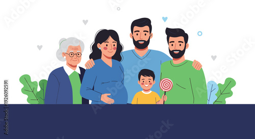 Diverse family portrait includes a pregnant mother, father, son with a lollipop, grandmother, and a grandfather on a white background.