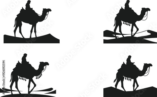 Black silhouettes of people riding camels on desert dunes white background