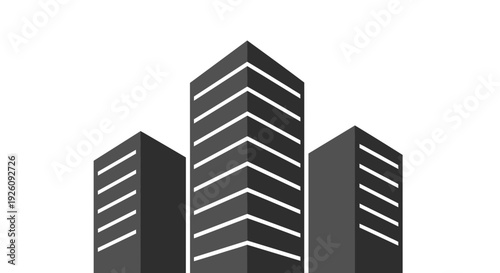 Modern abstract graphic illustration of three dark gray skyscrapers with white horizontal lines against a clean white