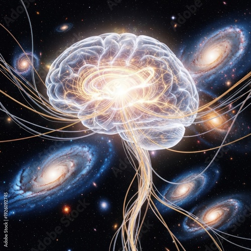 Abstract brain and cosmic neural connections illustrating science of mind and space.