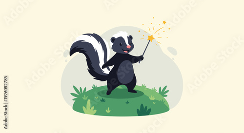 Adorable cartoon skunk stands on a grassy hill holding a glowing star magic wand while smiling against a soft pastel background.