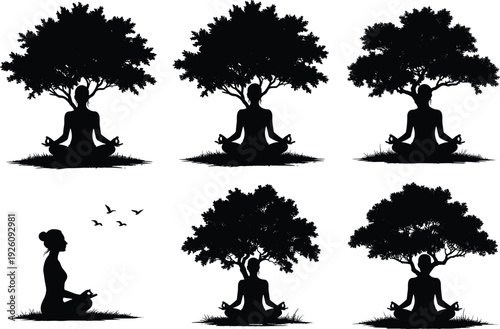 Yoga meditation silhouette set under tree vector illustration, woman practicing lotus pose in nature isolated on white background, mindfulness wellness concept