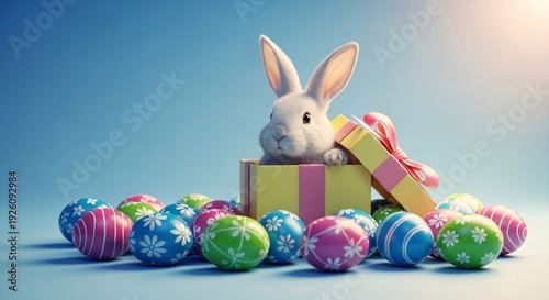 Adorable Easter bunny peeking out from colorful gift box surrounded by vibrant decorated eggs