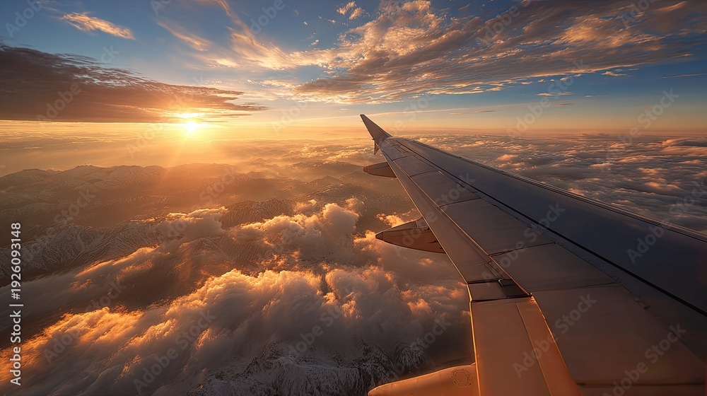Obraz premium Golden Sunset Flight Over Majestic Snow-Capped Mountains and Clouds