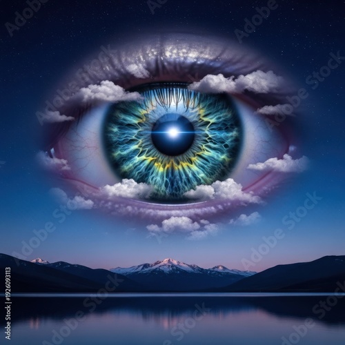 Surreal Giant Eye in the Sky Over Mountain Lake Landscape with Clouds.