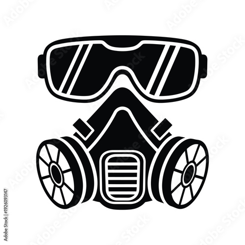 Stylized black silhouette of a respirator mask and protective goggles isolated on transparent background