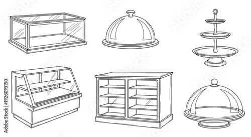 Collection of diverse display cases tiered stands and glass dome cloches for food service bakery and catering