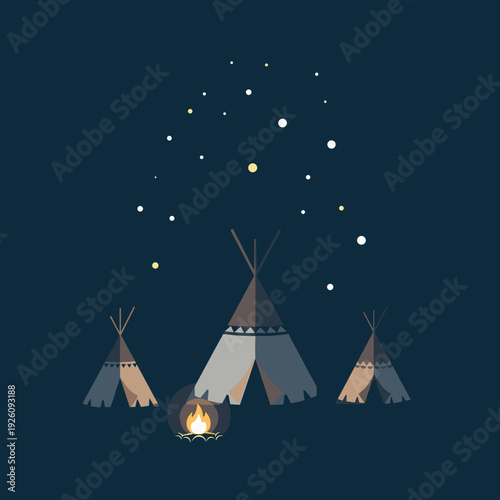 Night Scene with Glowing Teepees and Starry Sky