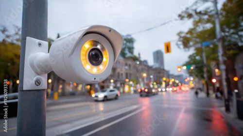 Security camera on a pole overlooking a city street at dusk