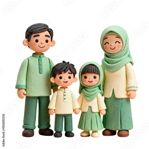 Cute 3D claymation illustration of a happy Muslim family wearing matching green traditional outfits. Father, mother in hijab, and two children standing together, isolated on a white background.
