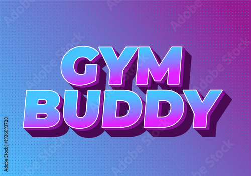 Bold 3D text reading gym buddy in blue to purple gradient with shadow on dotted blue purple gradient background