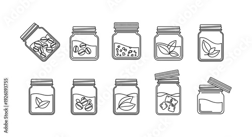 Hand drawn collection of glass jars filled with various herbs spices and dried ingredients isolated on a white