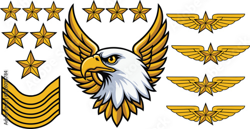 Military insignia illustration, golden eagle emblem, rank symbols, patriotic design, aviation wings, authority badge, national strength, armed forces artwork
