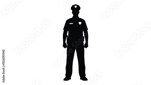 Silhouette of a police officer standing in a formal pose against a white background
