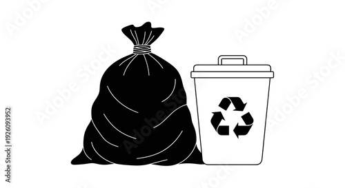 Black garbage bag tied with string next to a white recycling bin with universal recycling symbol on a clean white