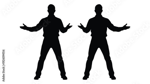 Two silhouetted figures with arms outstretched in a welcoming or questioning pose