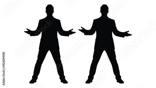 Two silhouetted figures in suits with arms outstretched facing forward