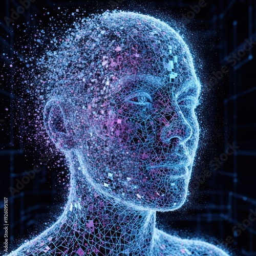 Futuristic digital portrait of a human head formed from particles and networked lights.
