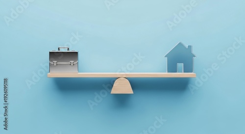 Work-life balance concept shown with briefcase and house on a seesaw