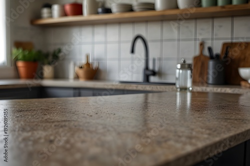 Kitchen countertop mockup, shallow depth of field, defocused background
