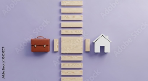 Work life balance concept with briefcase, house, and wooden blocks