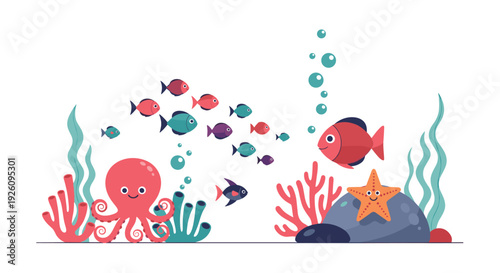 Cute underwater scene with a smiling octopus a school of fish and a starfish resting on a rock among colorful coral.