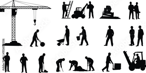 Construction and industrial workers silhouette set with crane, forklift, builders and laborers isolated on white background vector