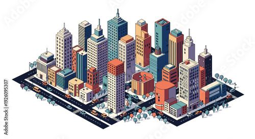 Detailed isometric pixel art illustration of a bustling modern city with skyscrapers traffic and trees on a white background.