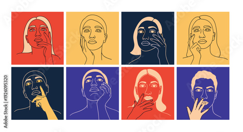 A set of eight portraits of people in a minimalist line art style with colorful blocks showcasing various thoughtful expressions.