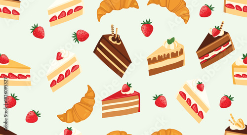Sweet and delicious seamless pattern with slices of cake croissants and fresh strawberries on a light green background.