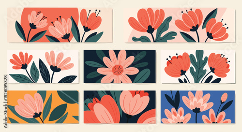 Set of nine beautiful floral banners and backgrounds with abstract flowers and leaves in a modern and artistic style.