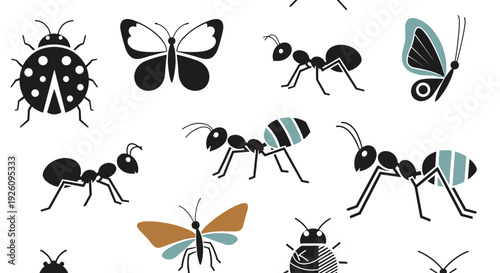 Seamless pattern with stylized illustrations of various insects like ants butterflies and ladybugs in a simple modern design.