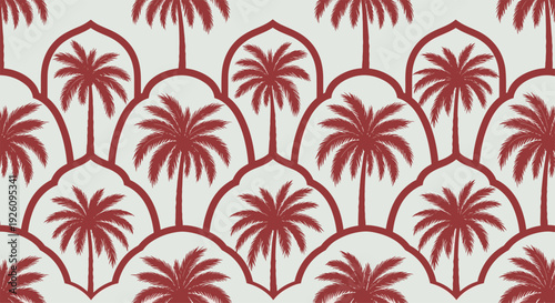 Elegant seamless pattern with stylized red palm trees set within repeating arch shapes for a sophisticated tropical design.