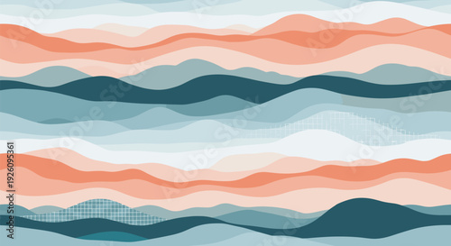 Abstract landscape background with flowing layers of colorful wavy hills creating a sense of depth and serene motion.