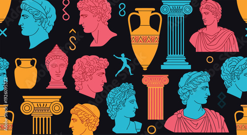 A vibrant seamless pattern of ancient Greek and Roman sculptures vases and columns in a colorful modern pop art style.