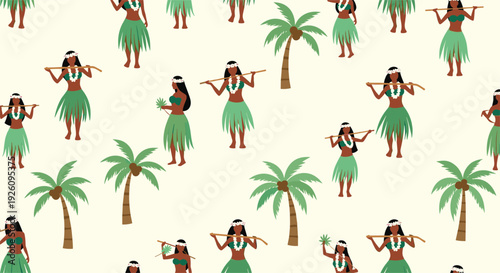 A cute and simple seamless pattern of Hawaiian hula dancers and palm trees on a light background for a tropical theme.