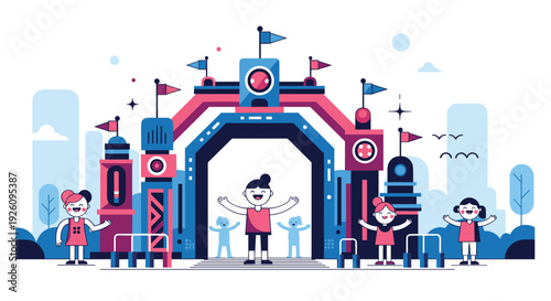 Happy children stand at the colorful entrance of an amusement park or festival with a city skyline in the background.