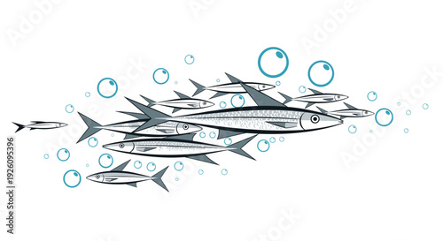 A stylized illustration of a school of sardines swimming together with air bubbles against a clean white background.