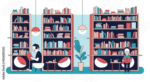 Illustration of a cozy modern library or bookstore with people reading books in comfortable chairs surrounded by tall bookshelves.