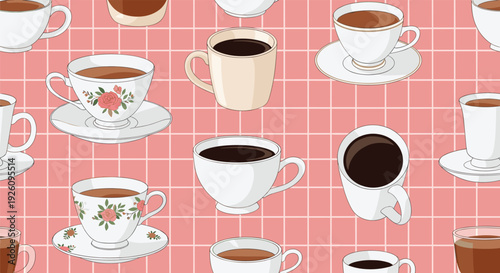 Seamless vector pattern of different coffee cups and mugs in vintage and modern styles on a lovely pink grid background.
