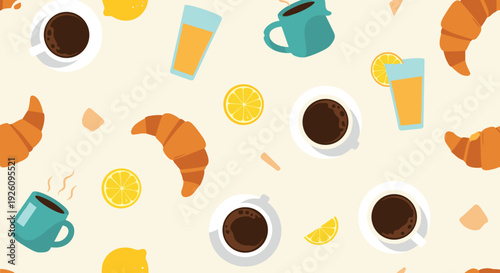 Seamless breakfast pattern with top-down views of coffee cups croissants and orange juice on a light neutral-colored background.