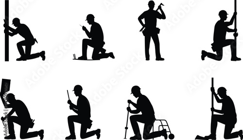 Construction worker kneeling silhouette set with tools, installer fixing posts and hammering isolated on white background vector