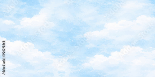 A beautiful blue sky with fluffy white clouds creates a bright natural cloudscape on a clear sunny day, showcasing the atmospheric beauty of the high summer heaven